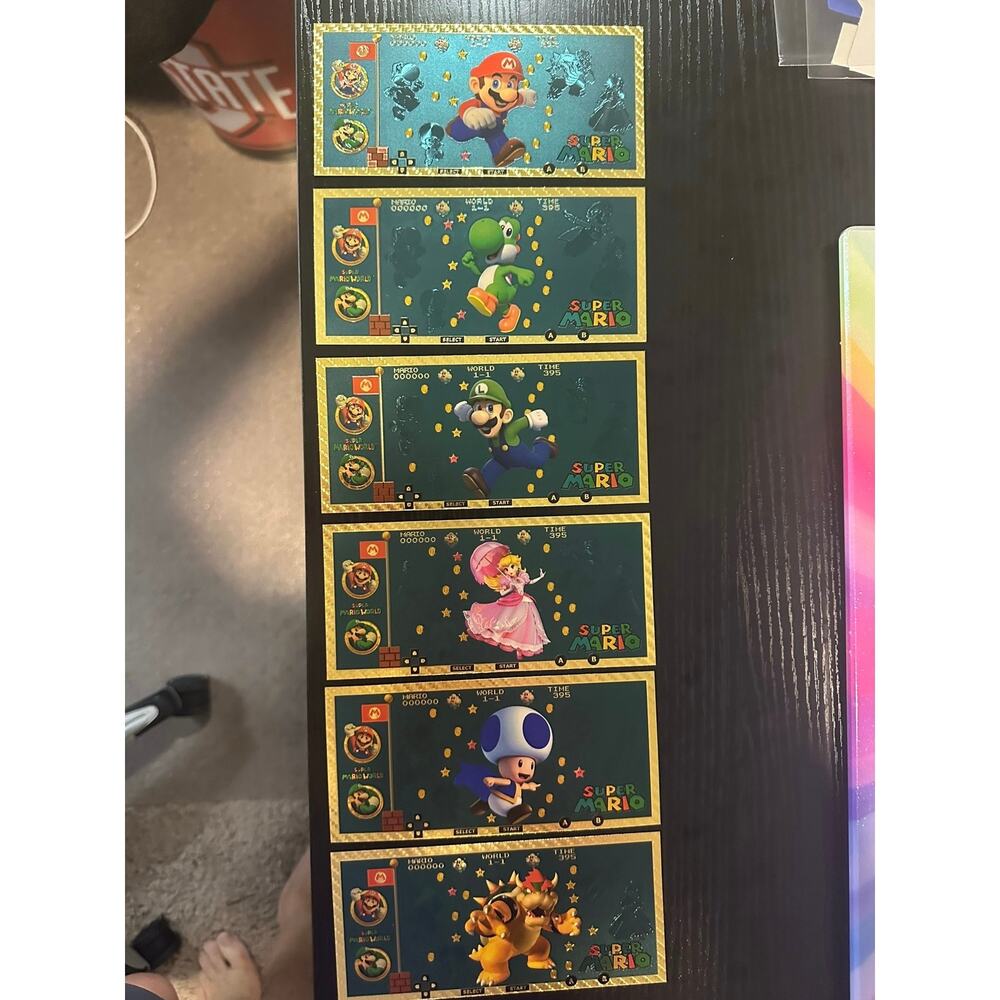 Super Mario Gold Foil Novelty Notes 6 Piece Set Mario Luigi Peach Yoshi